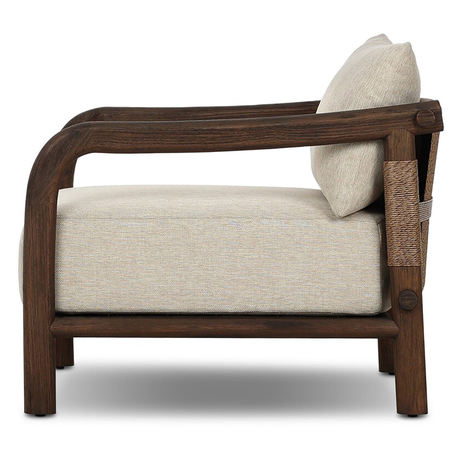 Four Hands Boda Outdoor Chair in teak with faux hyacinth weave and beige cushion, side profile view