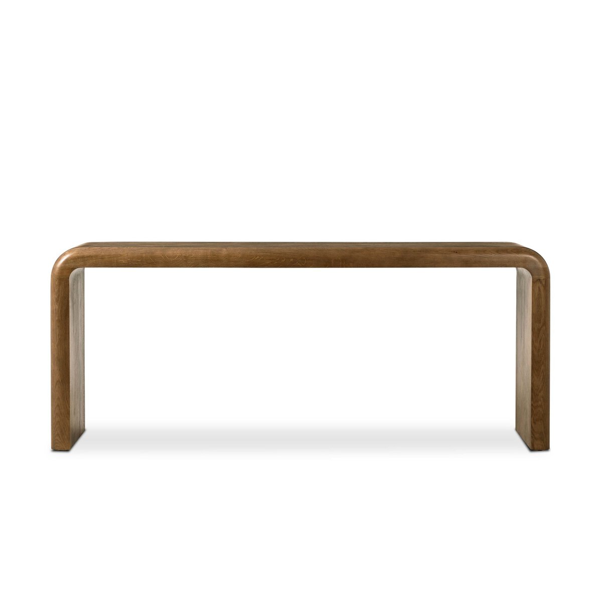 Four Hands Daven Console Table in rye burl oak with waterfall shape, back view