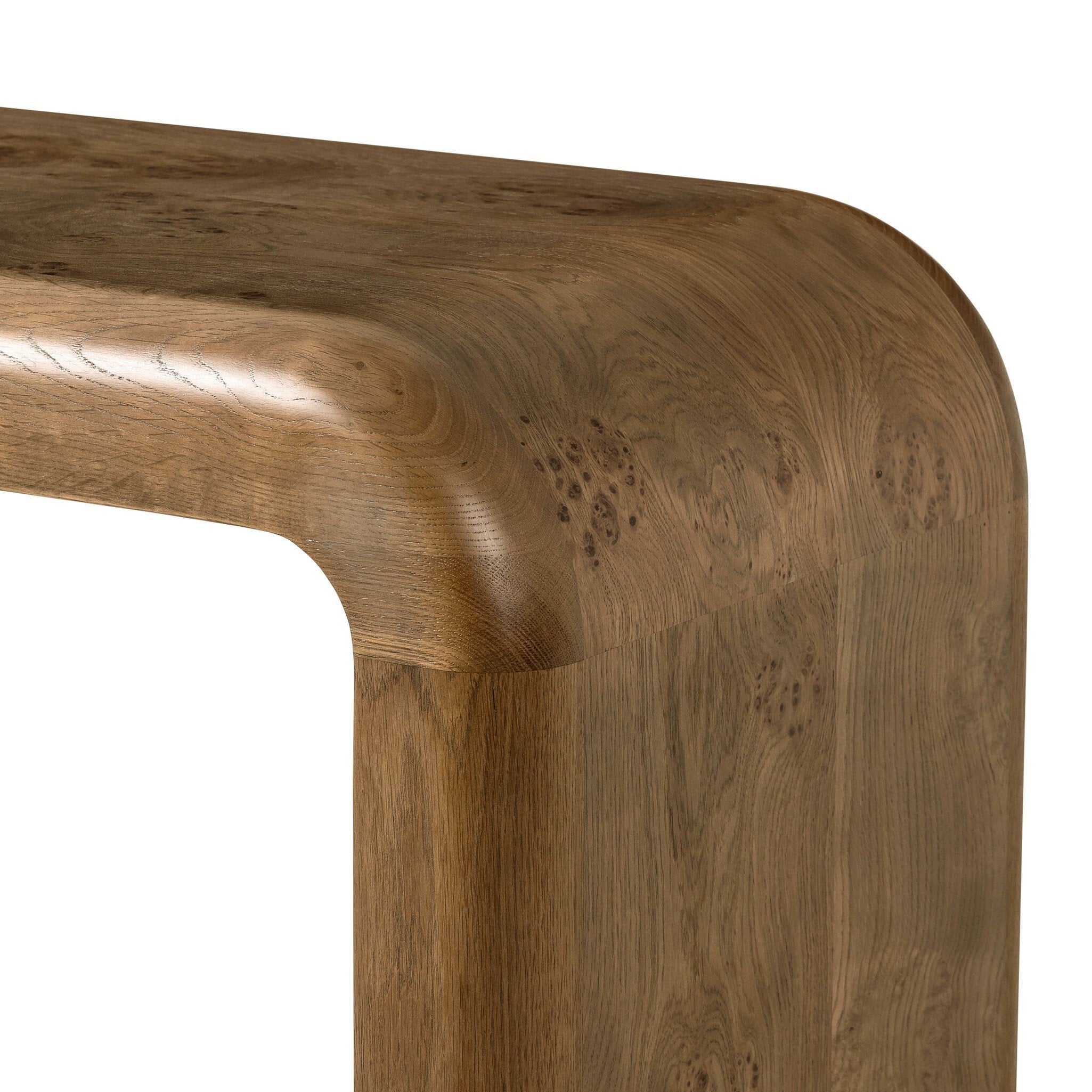 Four Hands Daven Console Table in rye burl oak with waterfall shape, close-up detail of burl grain, view 2
