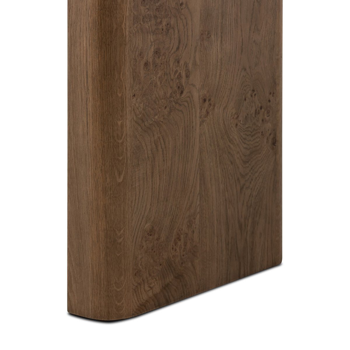 Four Hands Daven Console Table in rye burl oak with waterfall shape, close-up detail of burl grain, view 3