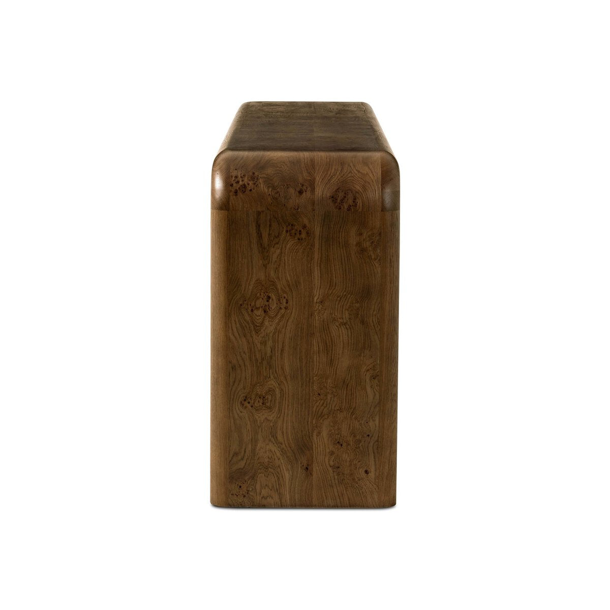 Four Hands Daven Console Table in rye burl oak with waterfall shape, side profile view