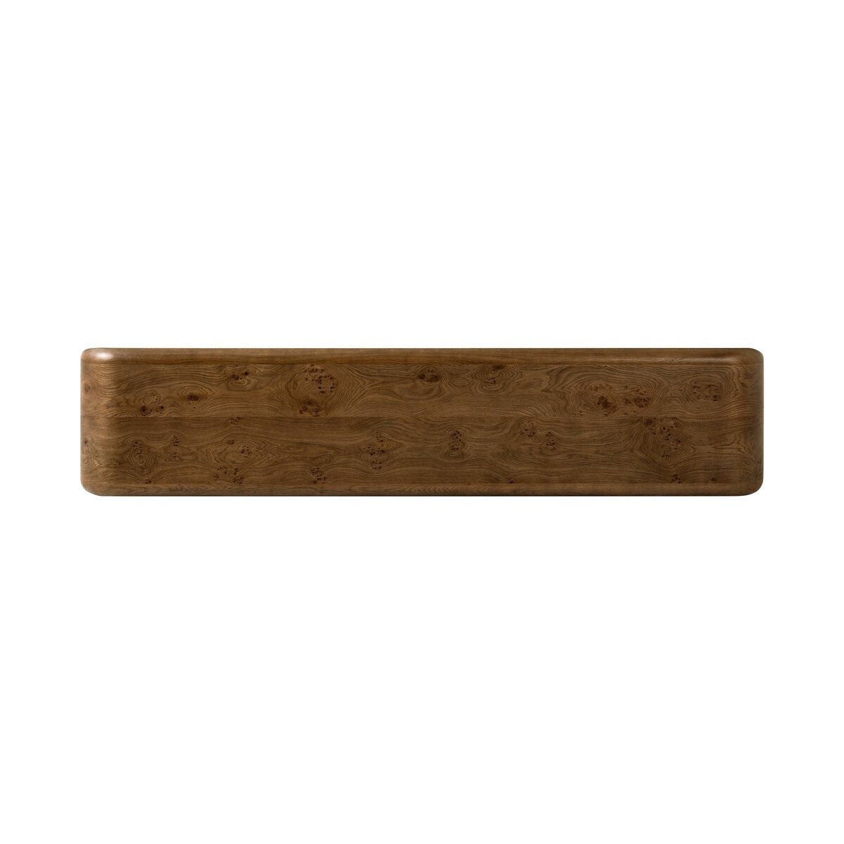 Four Hands Daven Console Table in rye burl oak with waterfall shape, top surface view showing burl pattern