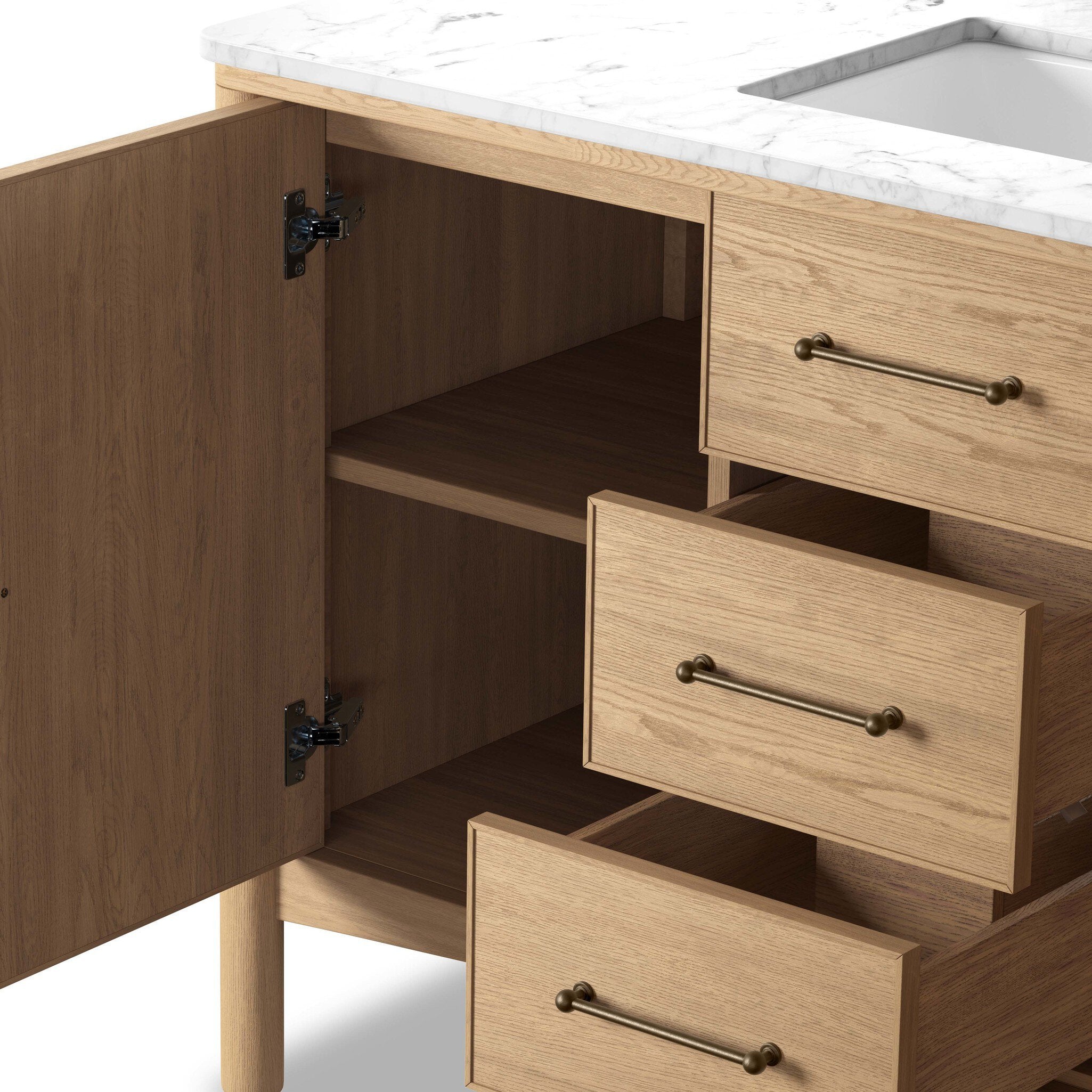 Four Hands Porter Single Wide Vanity in satin light wash oak with Carrara marble, close-up detail of hardware, view 2