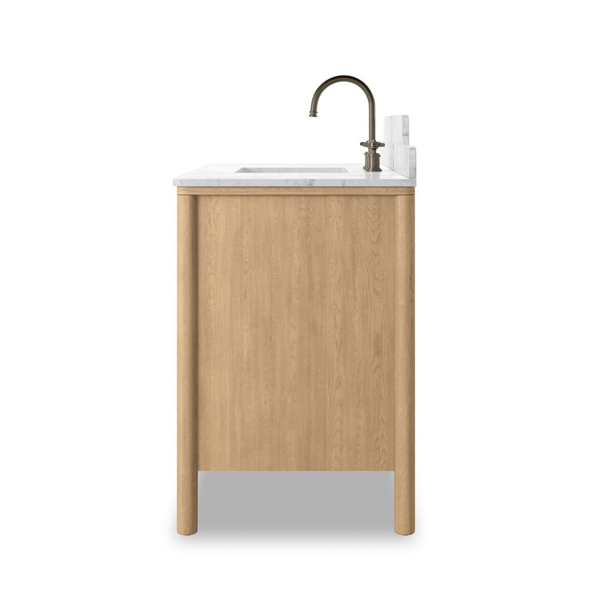 Four Hands Porter Single Wide Vanity in satin light wash oak with Carrara marble, side profile view