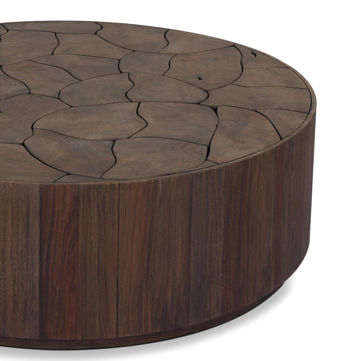 Four Hands Ridge Round Outdoor Coffee Table in teak root mosaic, close-up detail of teak root, view 1