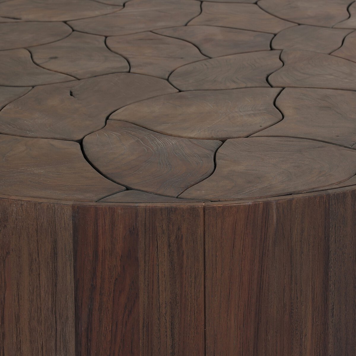 Four Hands Ridge Round Outdoor Coffee Table in teak root mosaic, close-up detail of teak root, view 5