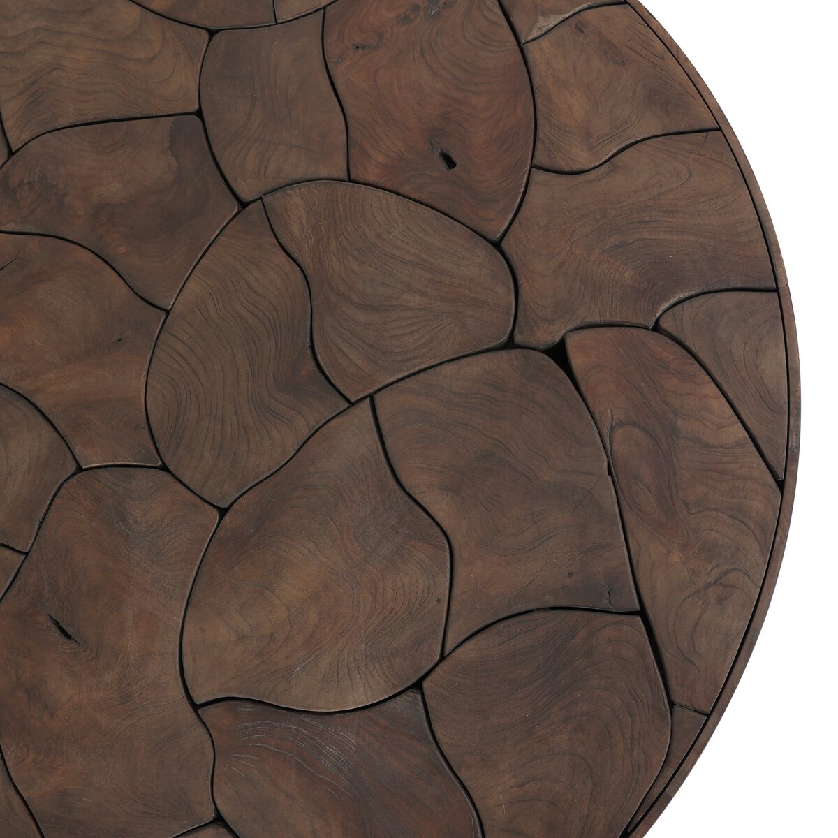 Four Hands Ridge Round Outdoor Coffee Table in teak root mosaic, close-up detail of teak root, view 3