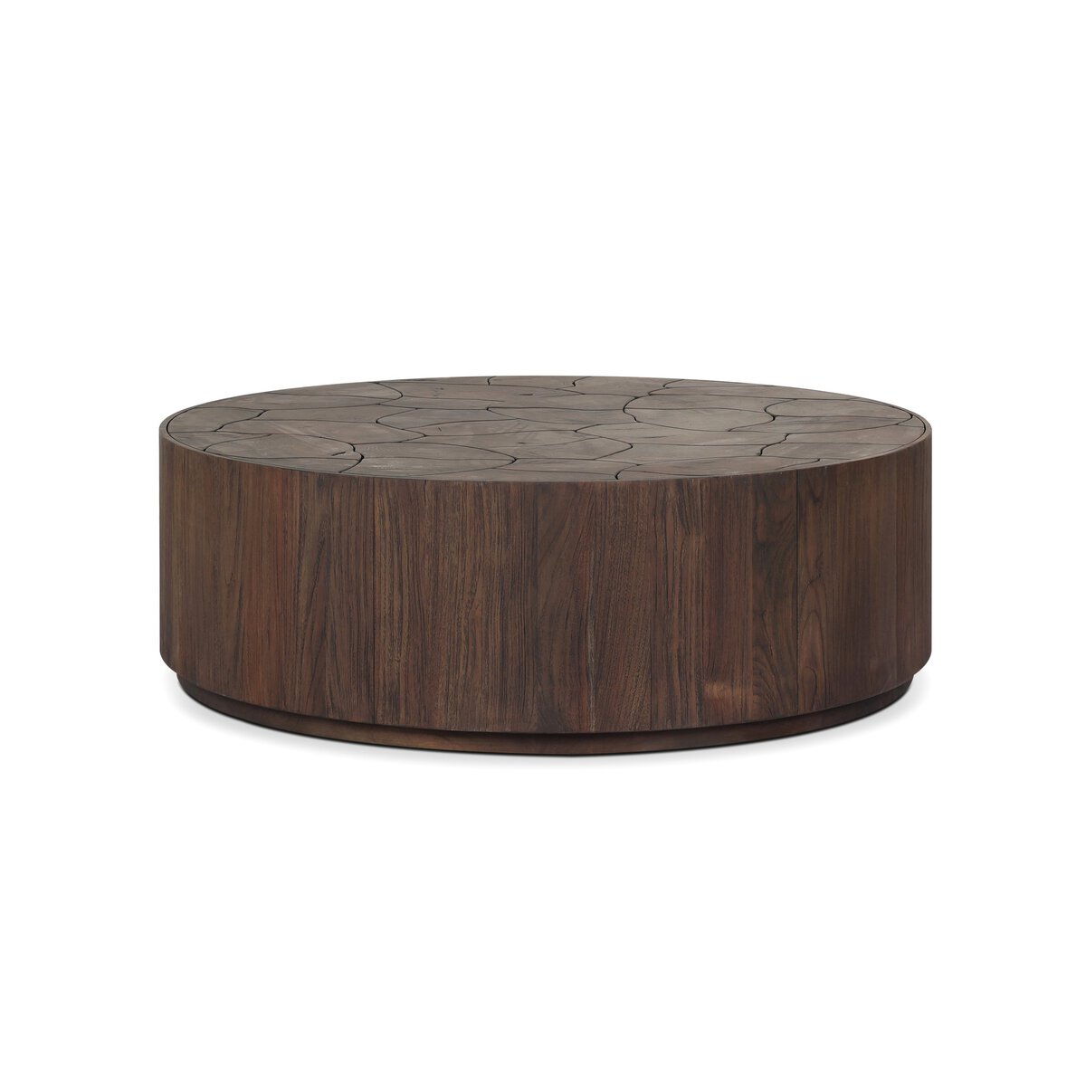 Four Hands Ridge Round Outdoor Coffee Table in teak root mosaic, side profile view