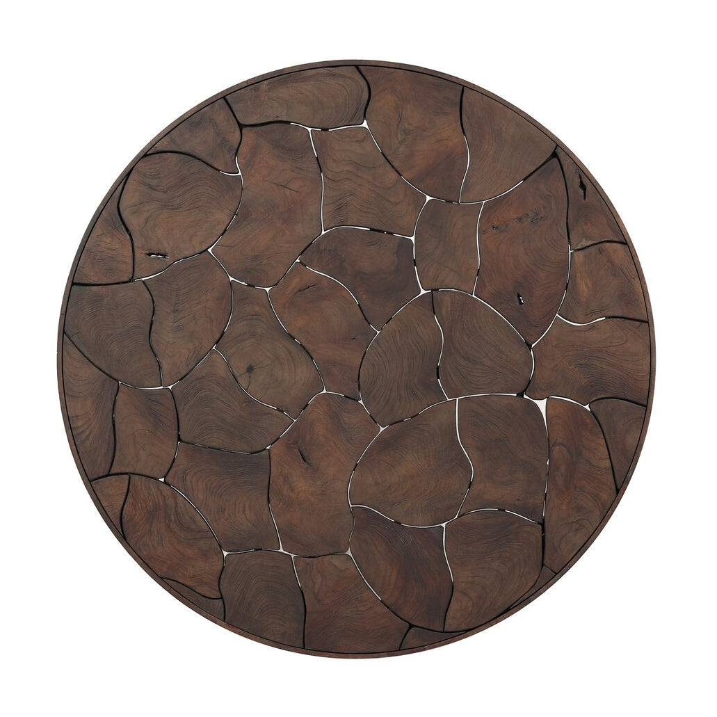 Four Hands Ridge Round Outdoor Coffee Table in teak root mosaic, top surface showing mosaic pattern