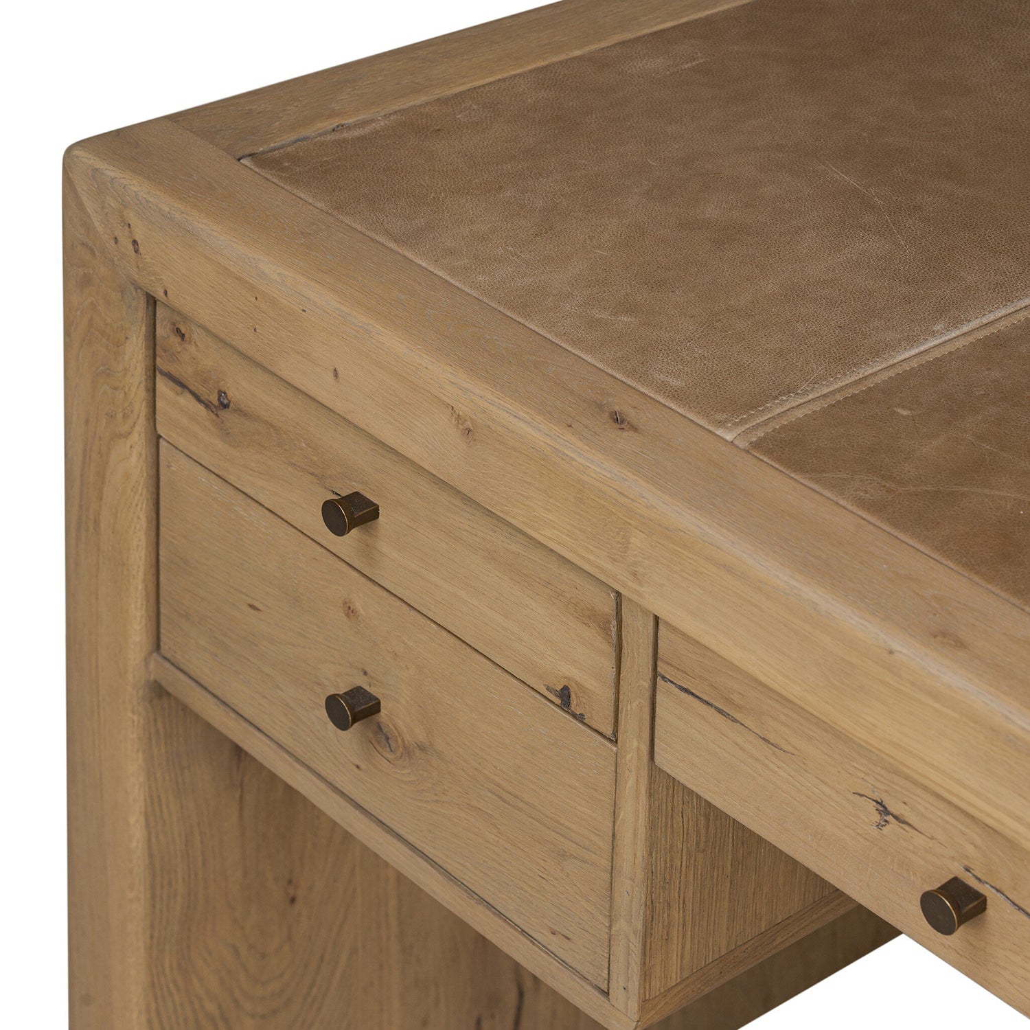 Four Hands Nico Desk in natural oak with leather inlay top, close-up detail of leather inlay and oak grain, view 3