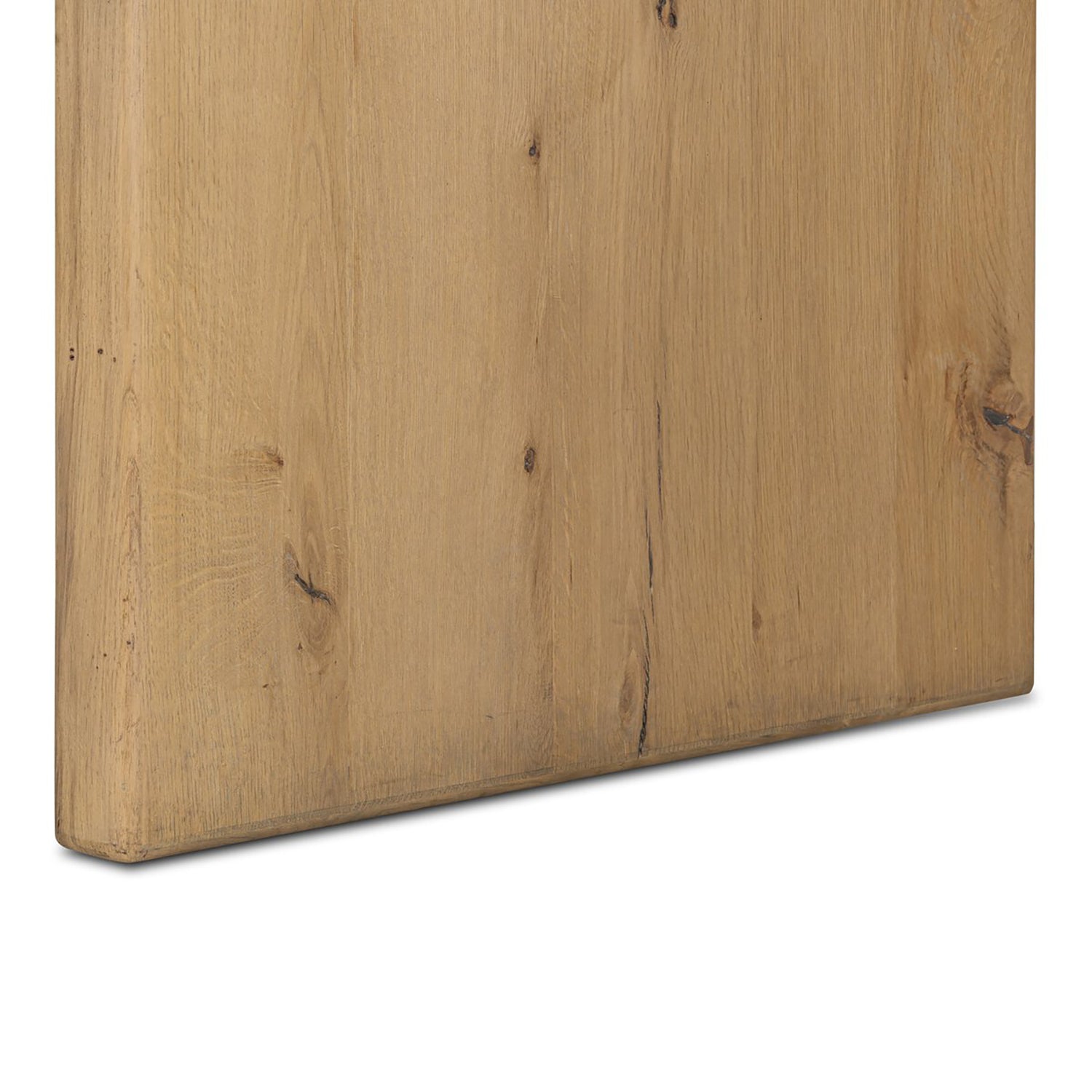 Four Hands Nico Desk in natural oak with leather inlay top, close-up detail of leather inlay and oak grain, view 4