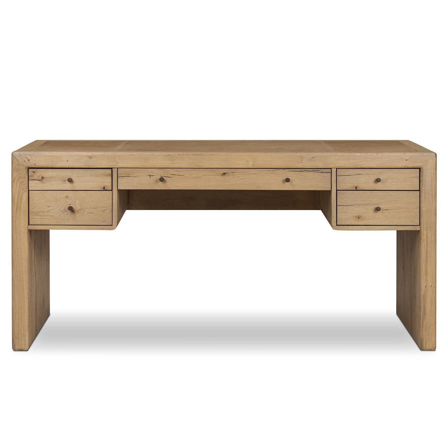 Four Hands Nico Desk in natural oak with leather inlay top, front view