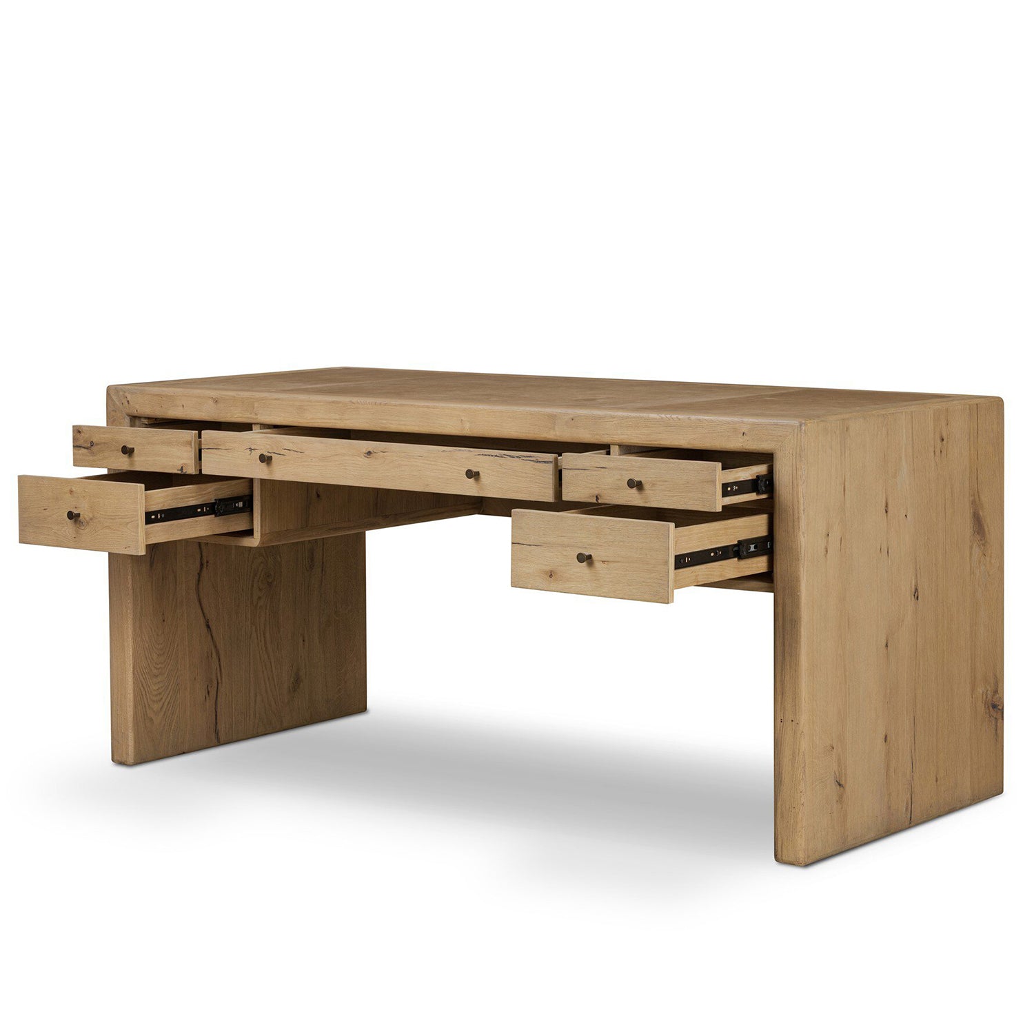 Four Hands Nico Desk in natural oak with leather inlay top, drawer open view