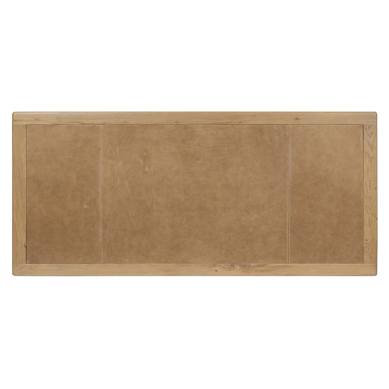 Four Hands Nico Desk in natural oak with leather inlay top, top-down view of leather inlay surface