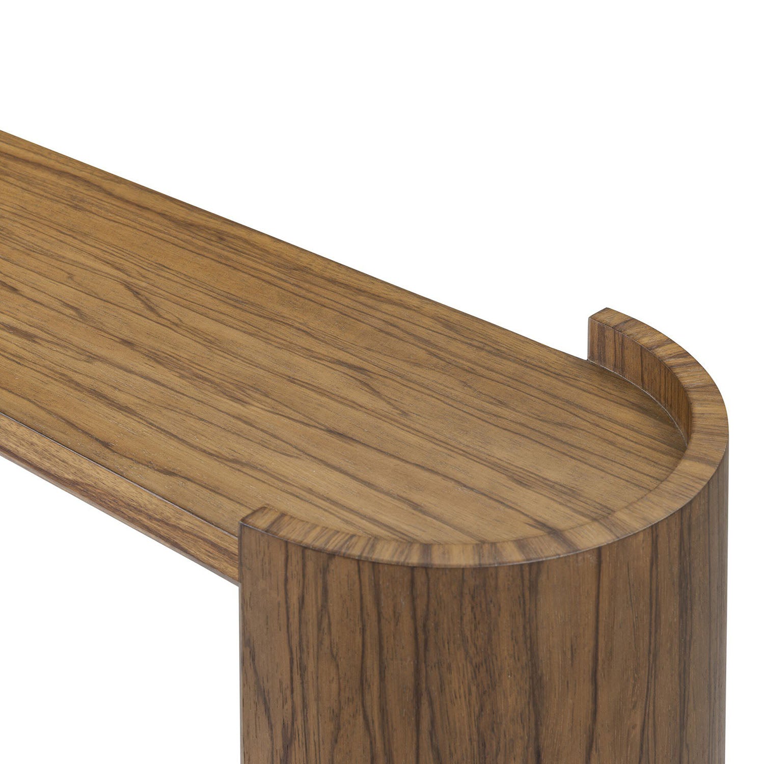Four Hands Damari Console Table in medium brown limba, close-up detail of limba grain, view 2