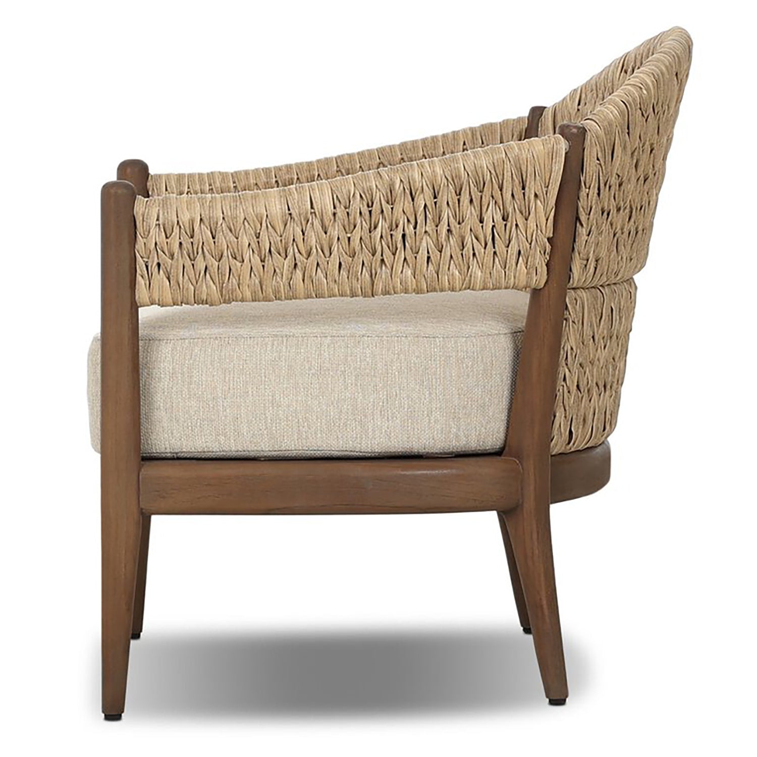 Four Hands Atwood Outdoor Chair in teak with coastal weave and beige cushion, side profile view