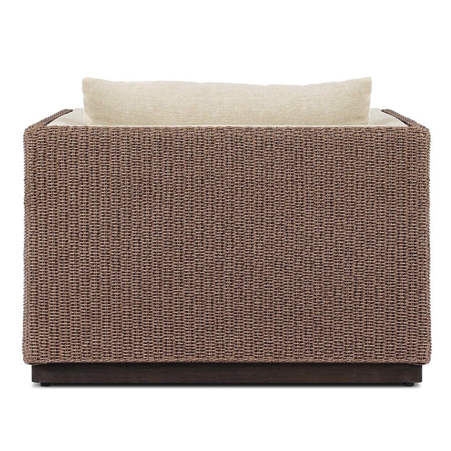 Four Hands Cabot Outdoor Chair in woven teak with buff cushions, back view