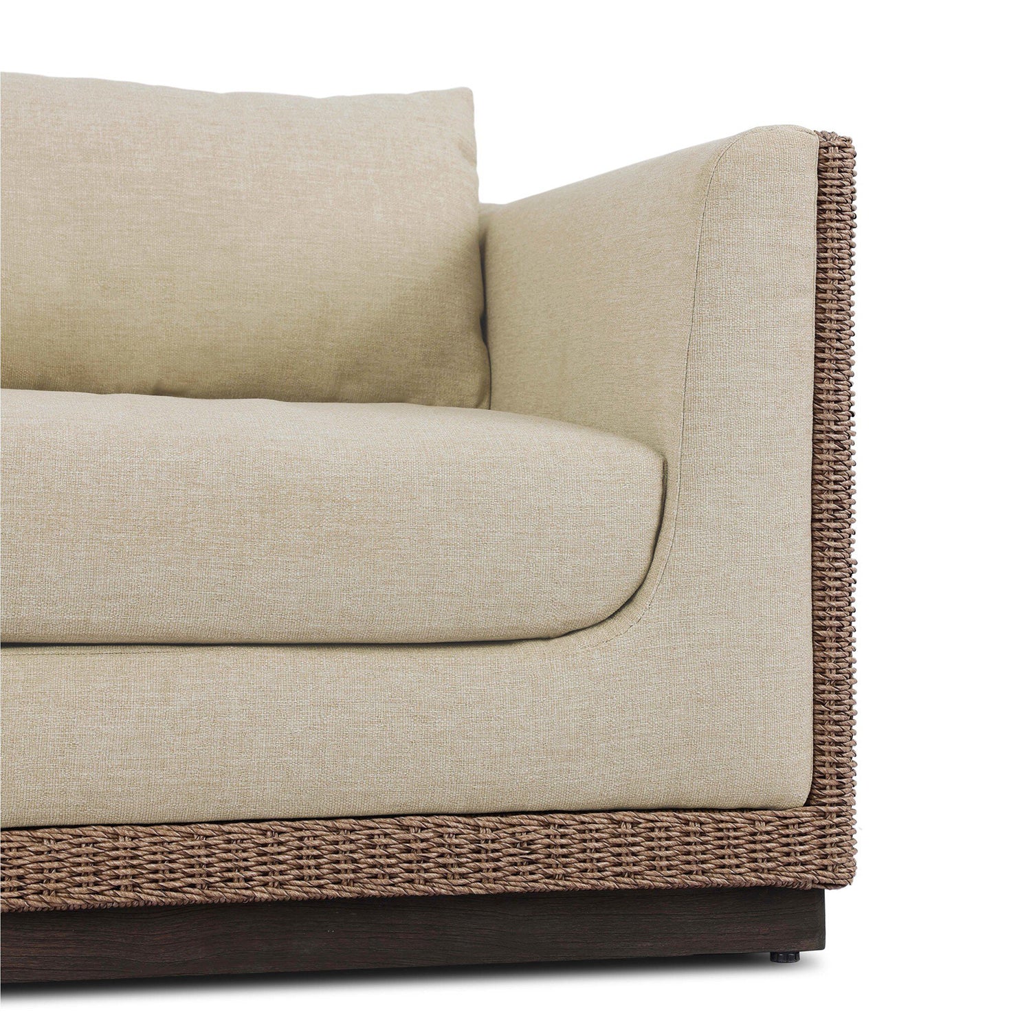 Four Hands Cabot Outdoor Chair in woven teak with buff cushions, close-up detail of woven frame and cushion, view 1