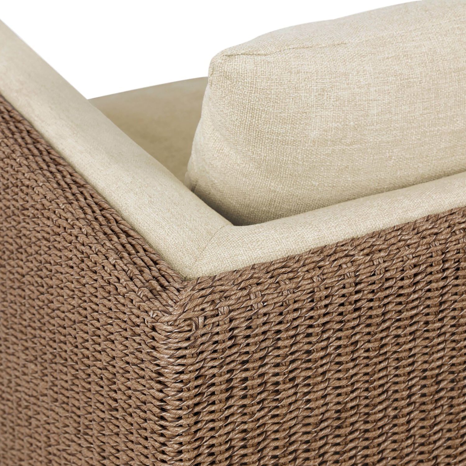 Four Hands Cabot Outdoor Chair in woven teak with buff cushions, close-up detail of woven frame and cushion, view 4