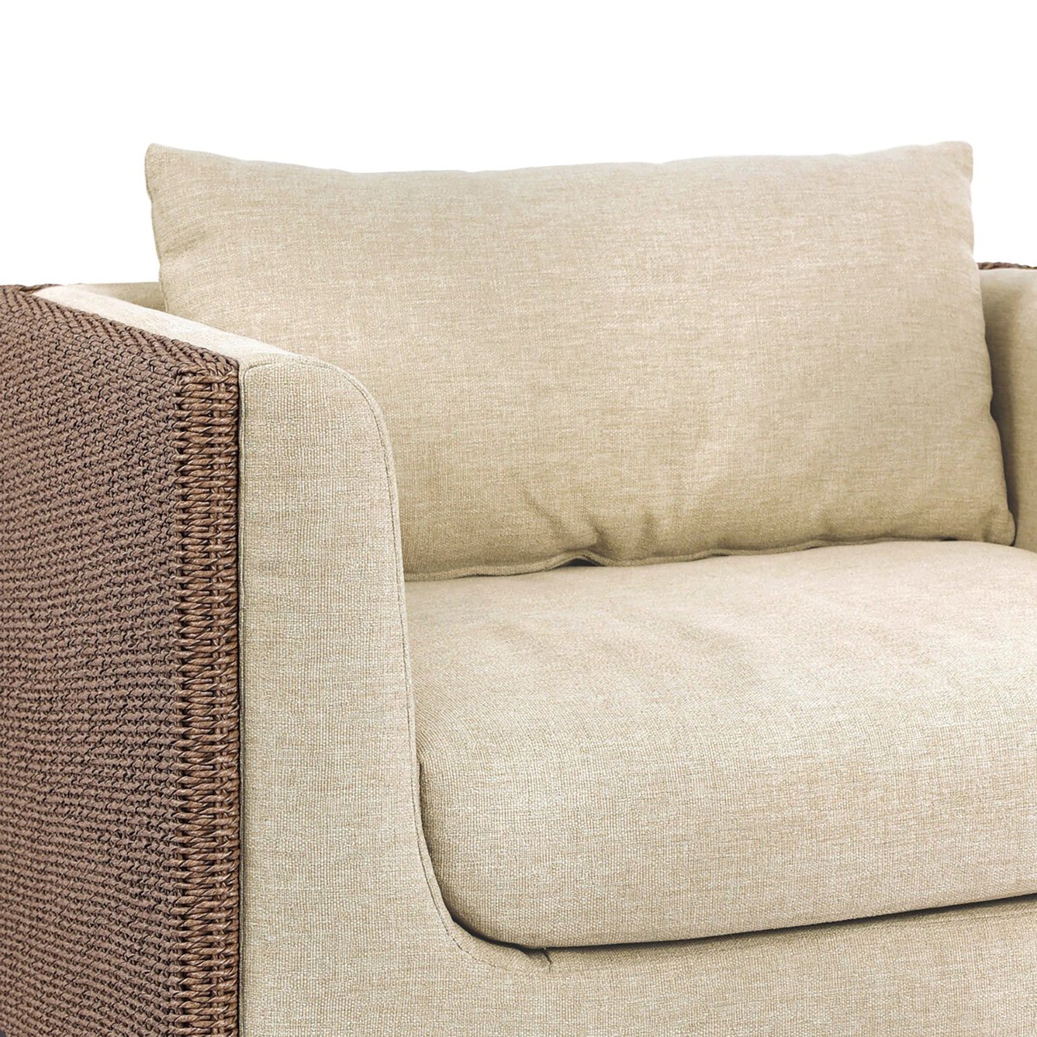 Four Hands Cabot Outdoor Chair in woven teak with buff cushions, close-up detail of woven frame and cushion, view 5