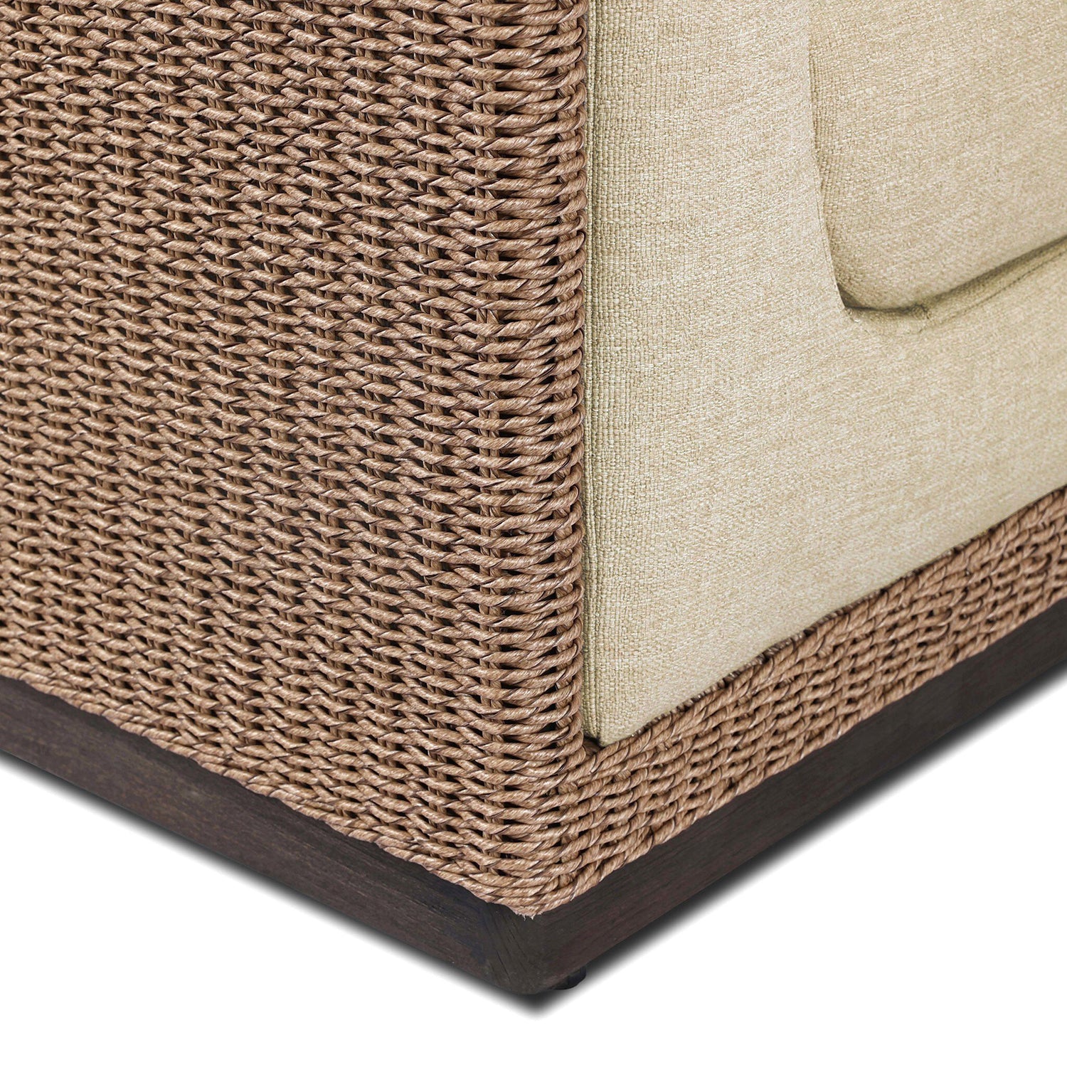 Four Hands Cabot Outdoor Chair in woven teak with buff cushions, close-up detail of woven frame and cushion, view 6