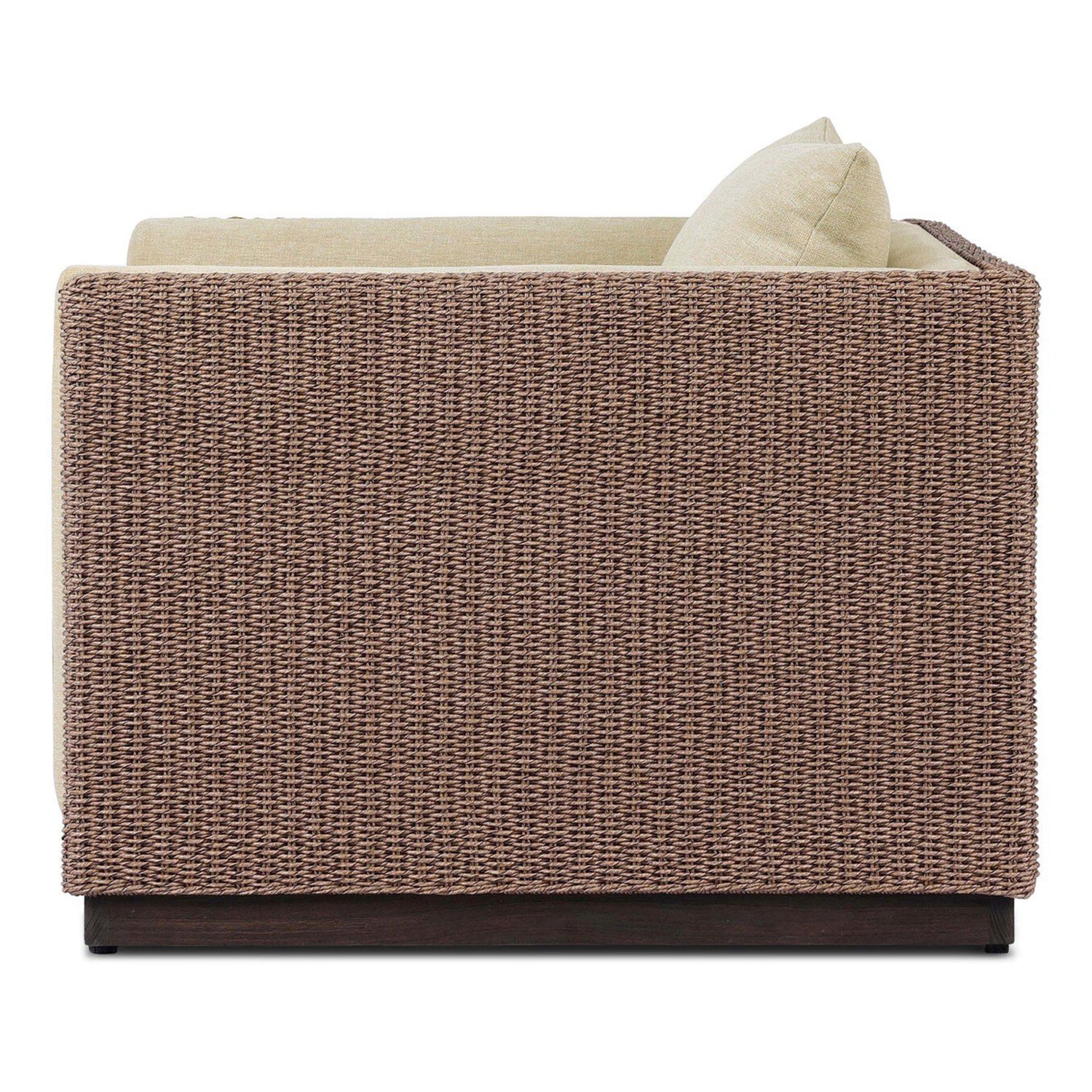 Four Hands Cabot Outdoor Chair in woven teak with buff cushions, side profile view