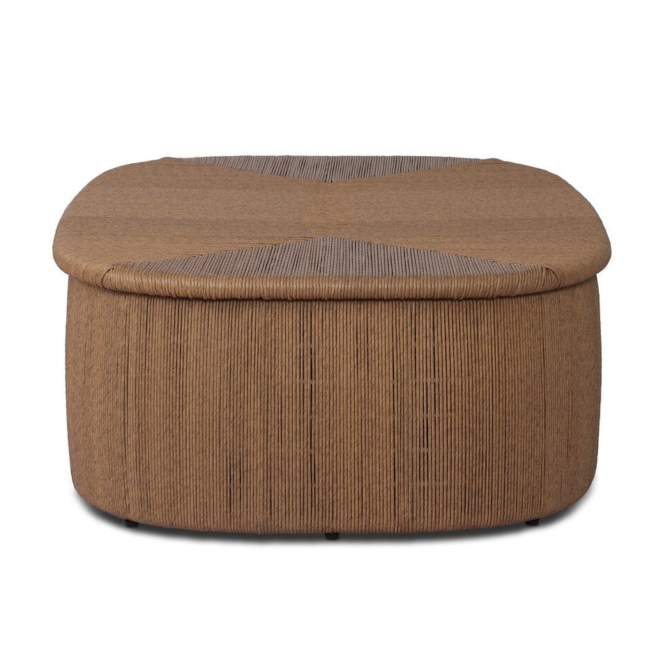 Four Hands Taum Outdoor Coffee Table in textured sand vertical-weave, side profile view