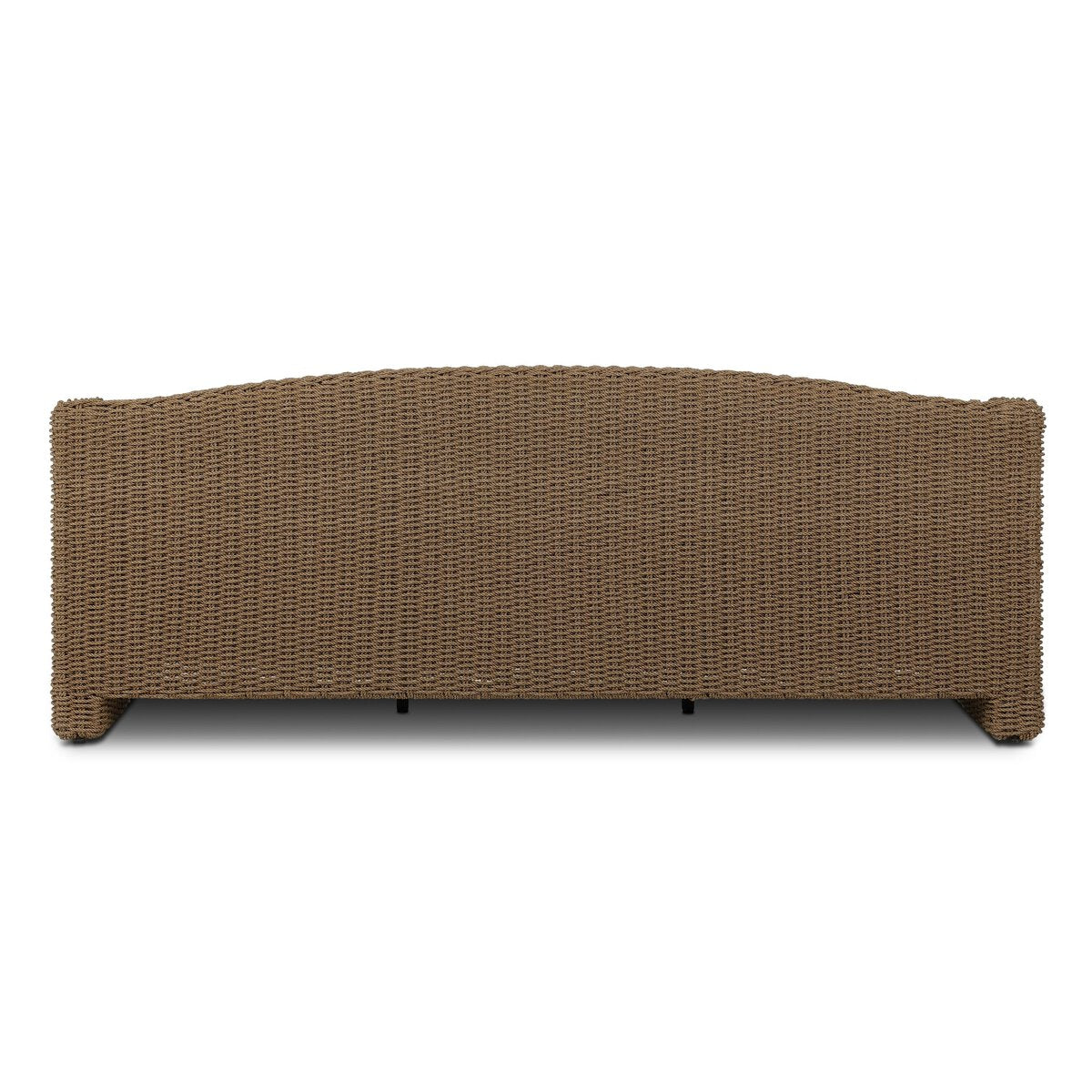 Four Hands Marina Outdoor Sofa in twisted umber faux rattan with Alessi Linen cushions, back view showing camelback