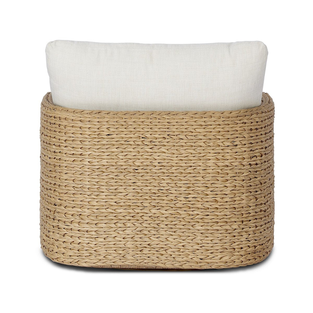 Four Hands Caney Outdoor Swivel Chair in coastal weave with cream cushion, back view showing barrel silhouette