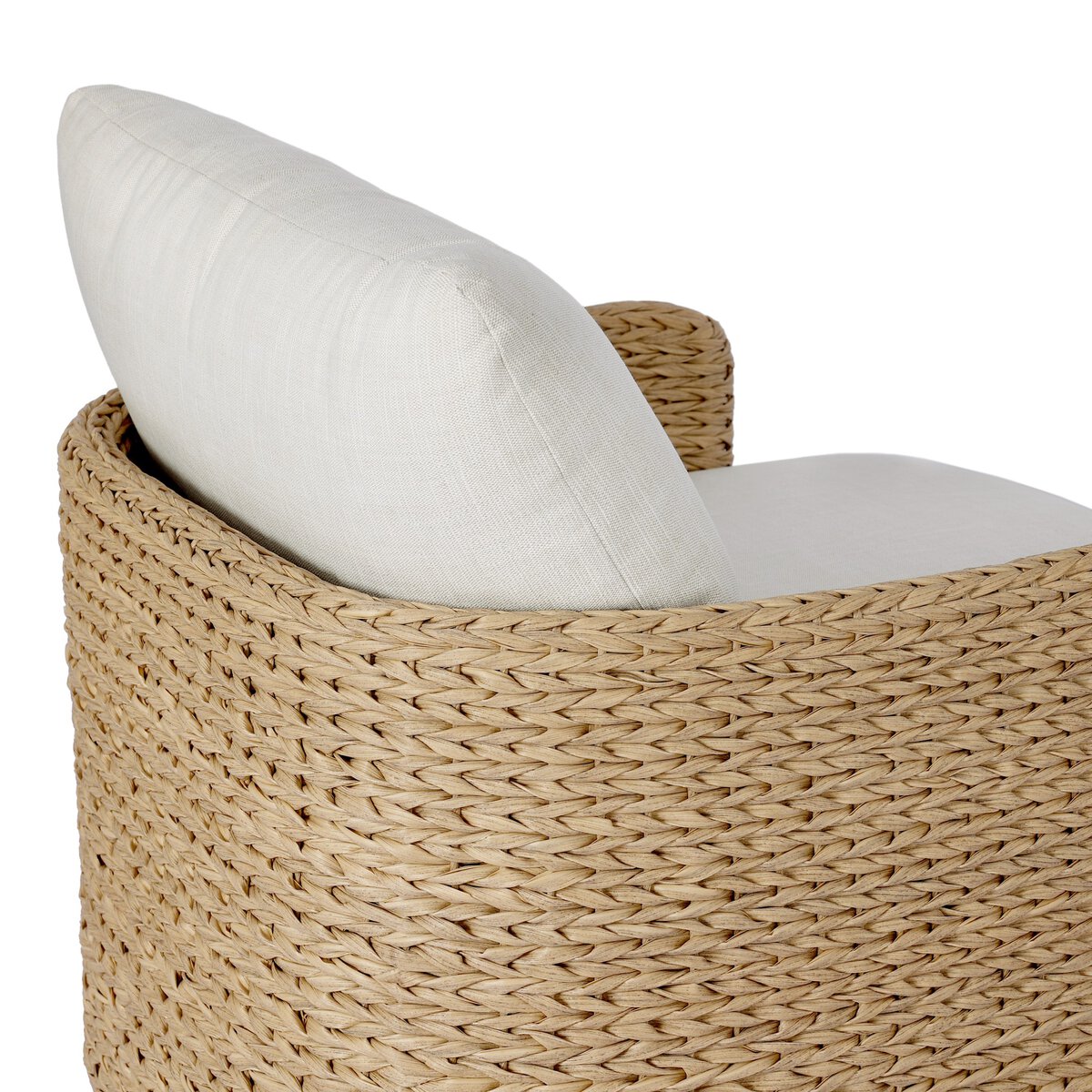 Four Hands Caney Outdoor Swivel Chair in coastal weave with cream cushion, close-up detail, view 2