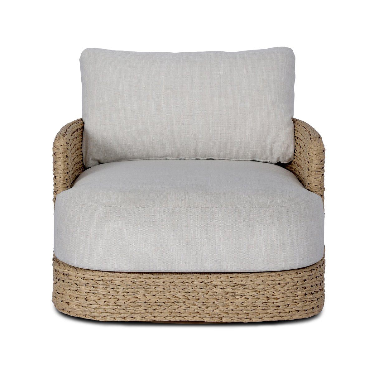 Four Hands Caney Outdoor Swivel Chair in coastal weave with cream cushion, front view