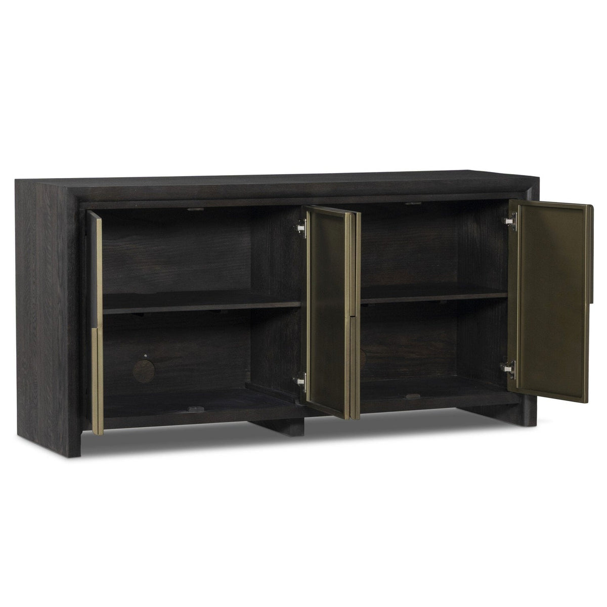 Four Hands Arlington Espresso Oak 4 Door Sideboard shown with doors open