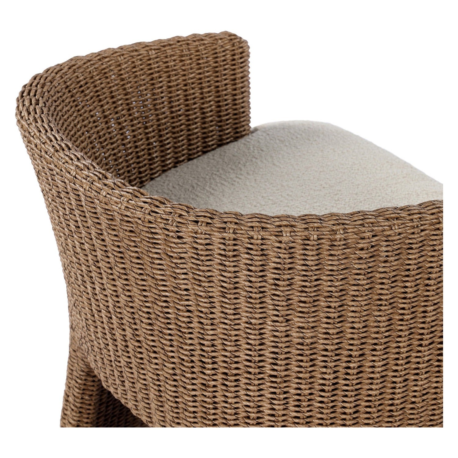 Four Hands Thora Vada Cream Outdoor Dining Chair in faux dark hyacinth with boucle cushion, close-up detail of boucle cushion, view 1