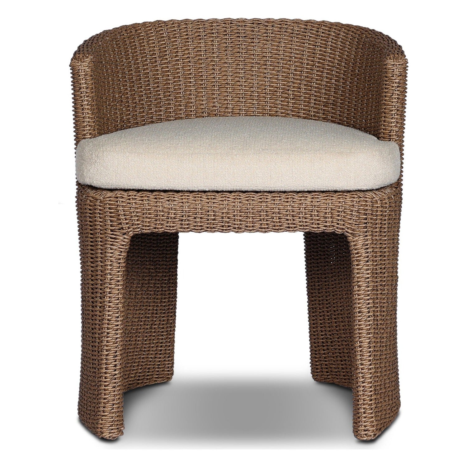 Four Hands Thora Vada Cream Outdoor Dining Chair in faux dark hyacinth with boucle cushion, front view