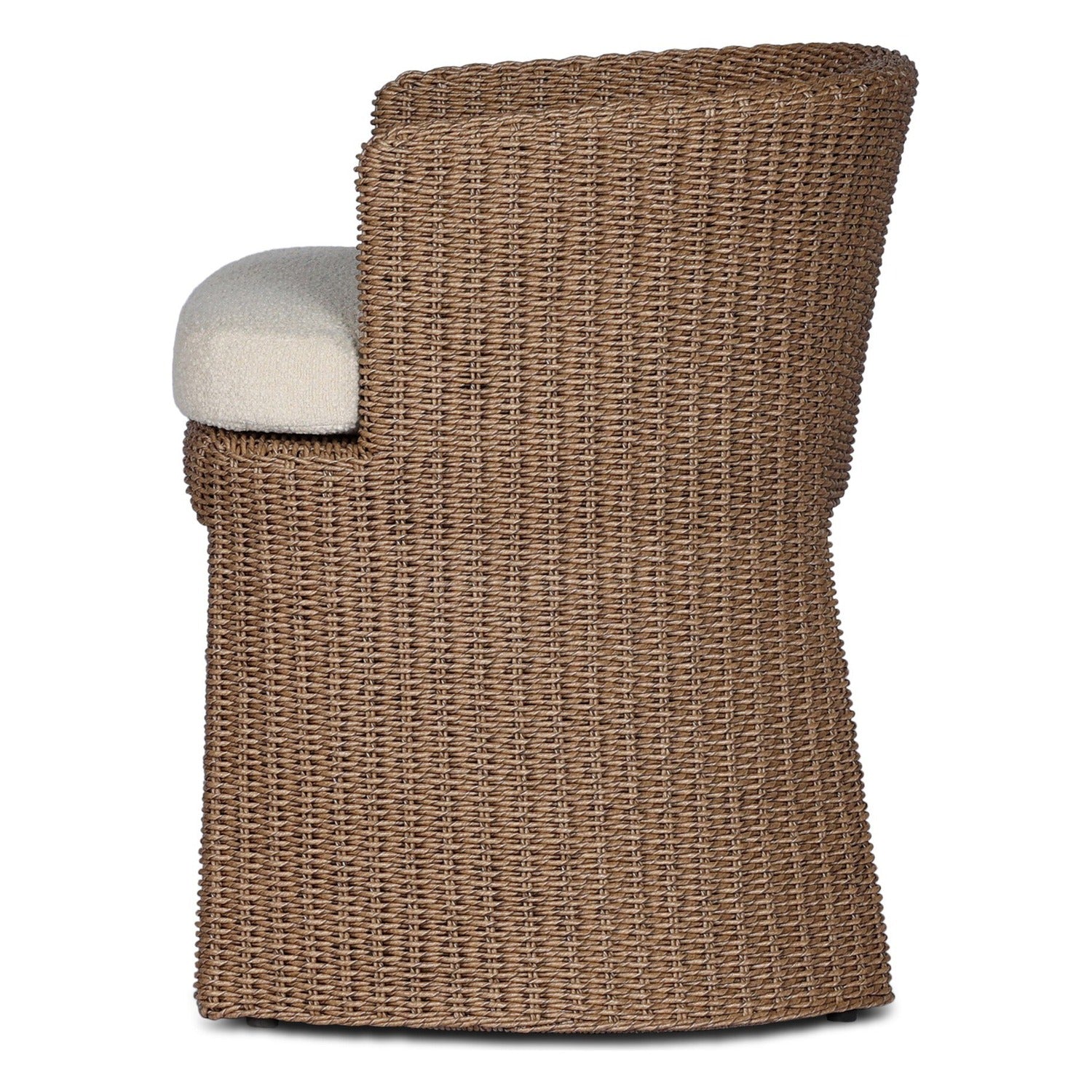 Four Hands Thora Vada Cream Outdoor Dining Chair in faux dark hyacinth with boucle cushion, side profile view