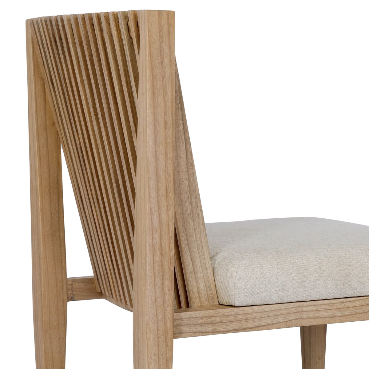 Four Hands Cavallo Dining Chair Set of 2 in sand linen with slatted sungkai back, close-up detail of slatted back, view 2