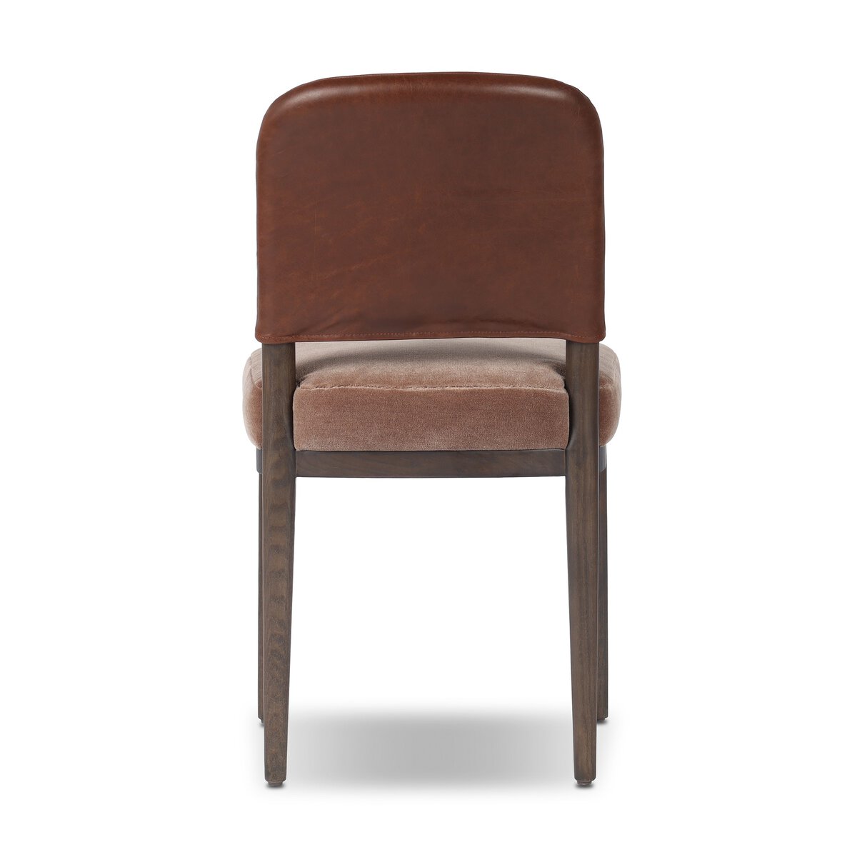 Four Hands Ryver Monte Mushroom Dining Chair Set of 2 with mahogany leather back on burnt ash, back view showing leather panel