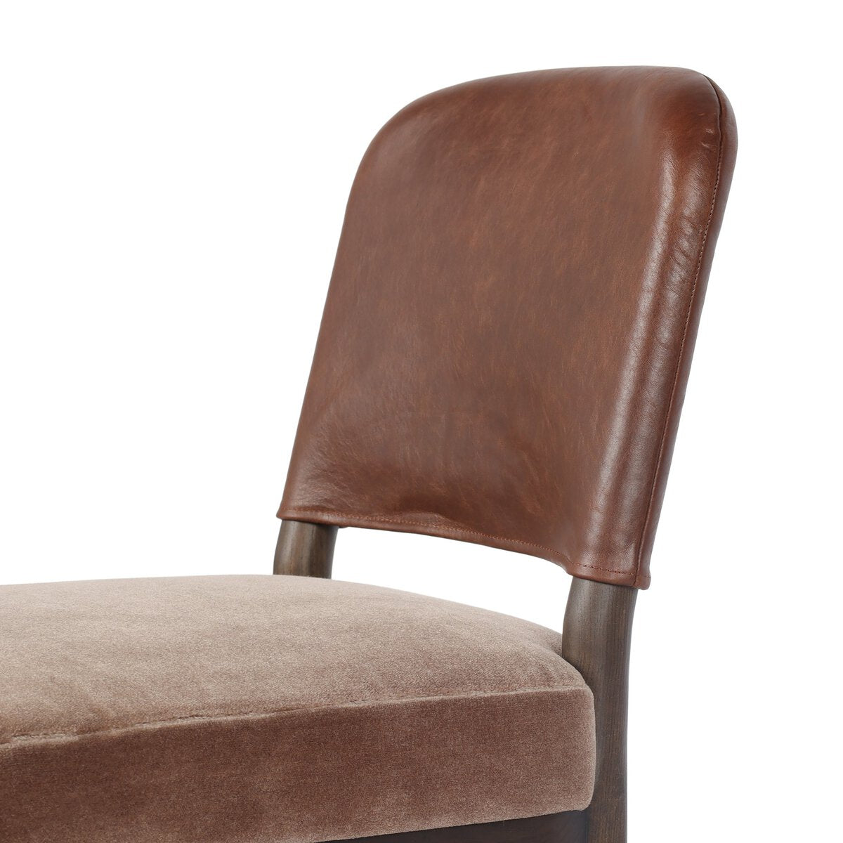 Four Hands Ryver Monte Mushroom Dining Chair Set of 2 with mahogany leather back on burnt ash, close-up detail of leather back, view 1