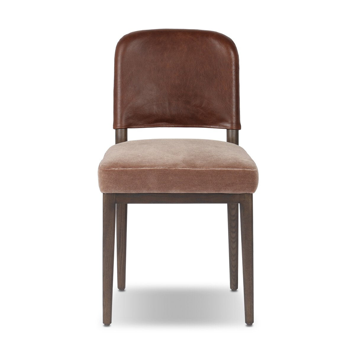 Four Hands Ryver Monte Mushroom Dining Chair Set of 2 with mahogany leather back on burnt ash, front view