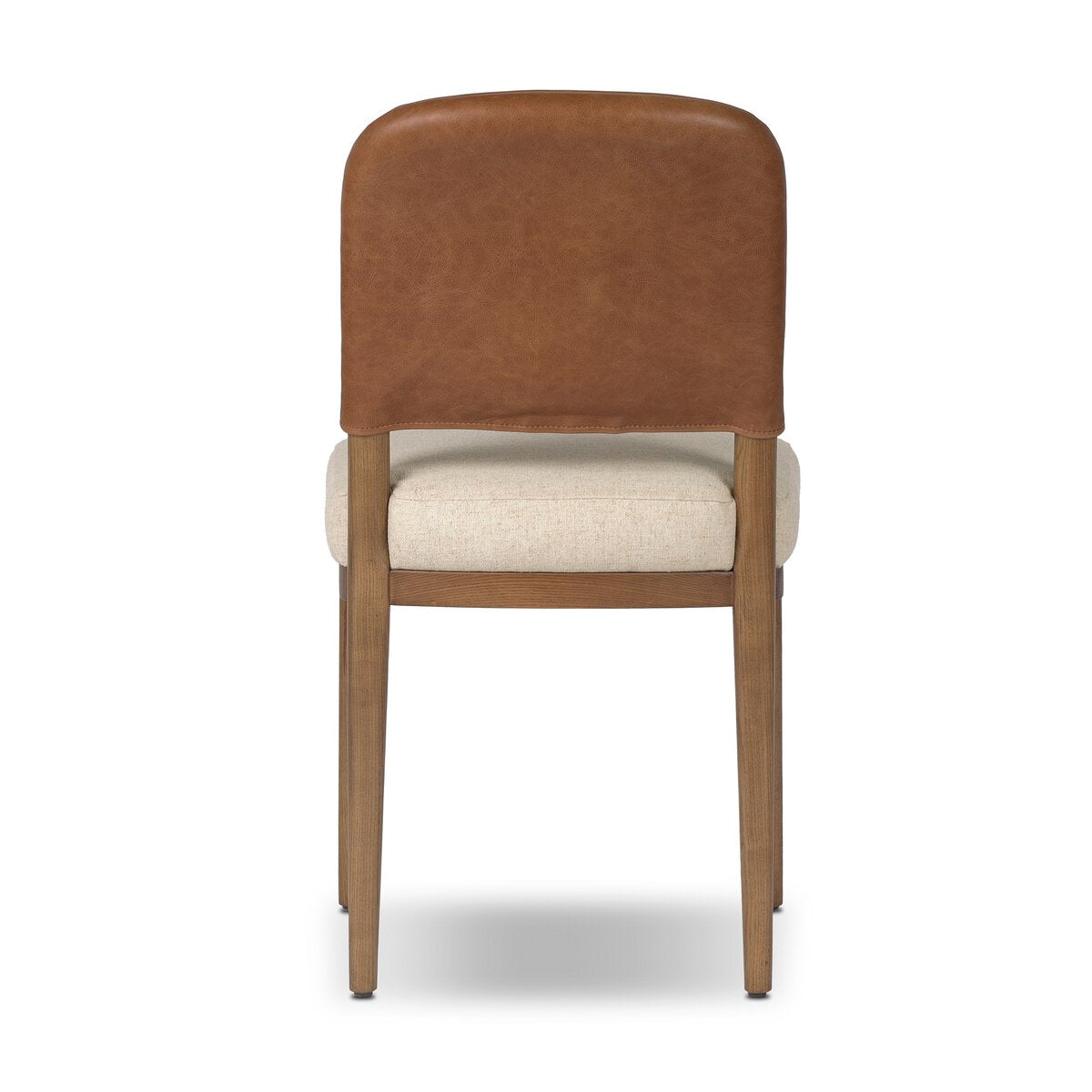 Four Hands Ryver Antwerp Natural Dining Chair Set of 2 with leather back on toasted ash, back view showing leather back panel