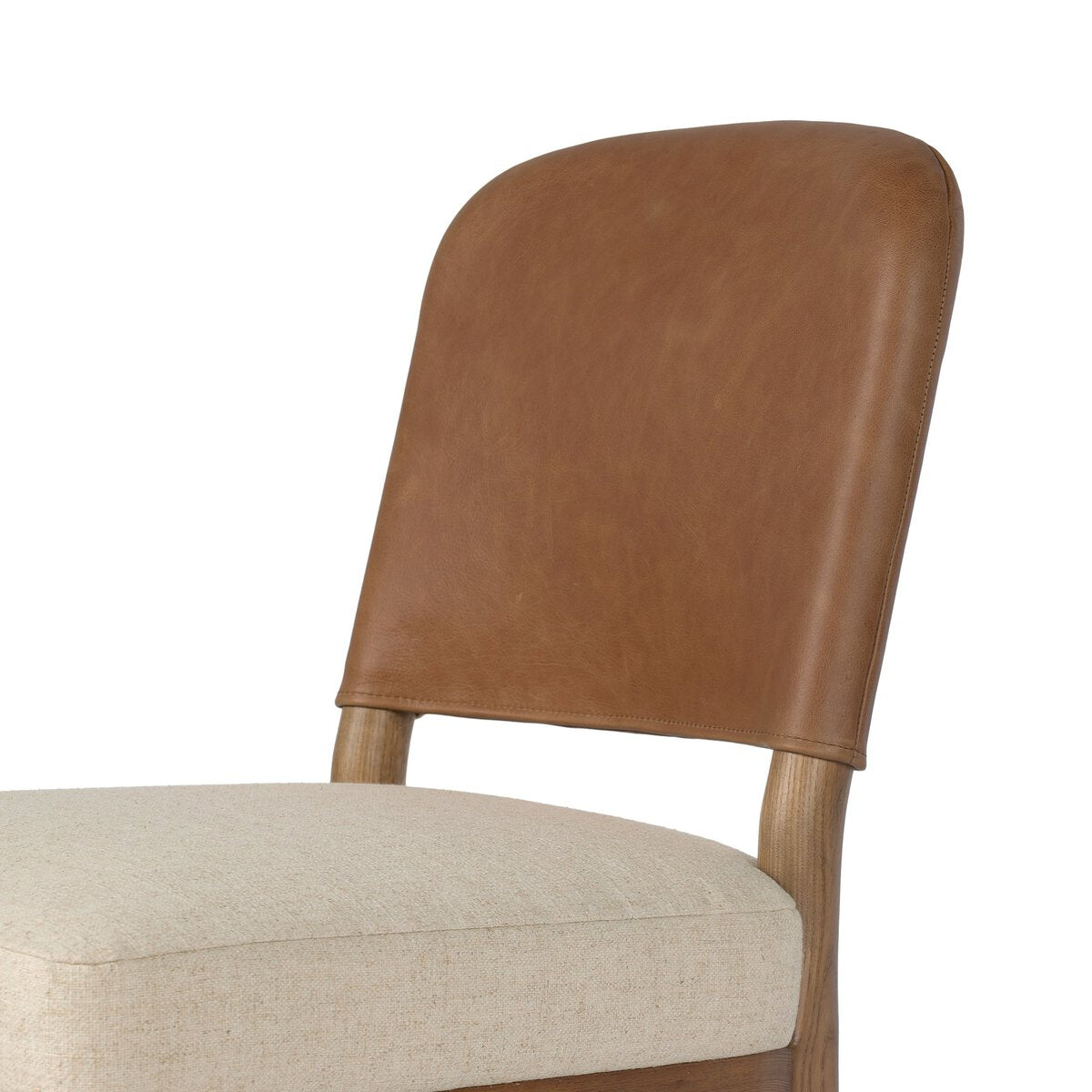 Four Hands Ryver Antwerp Natural Dining Chair Set of 2 with leather back on toasted ash, close-up detail of leather back, view 2
