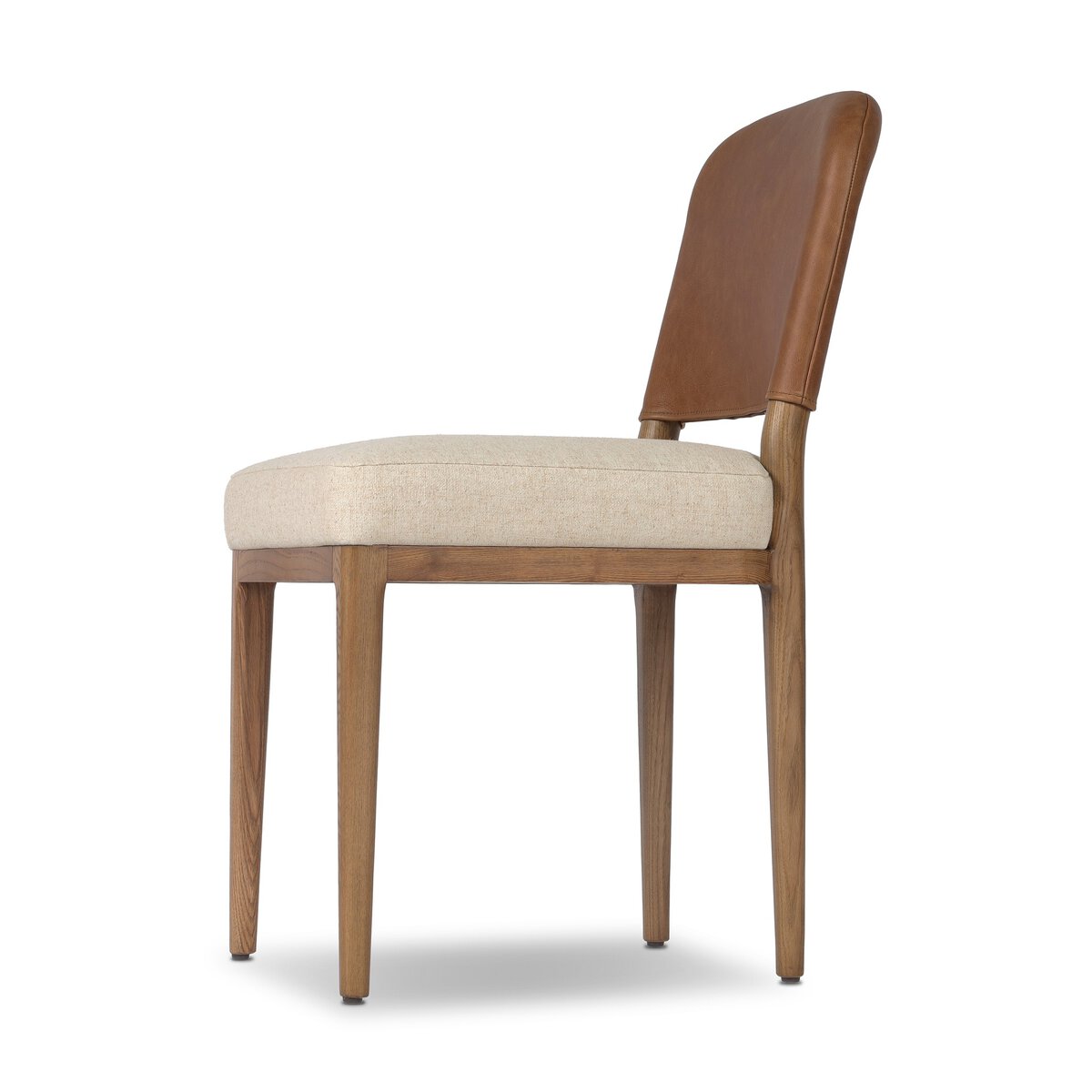 Four Hands Ryver Antwerp Natural Dining Chair Set of 2 with leather back on toasted ash, close-up detail of leather back, view 1