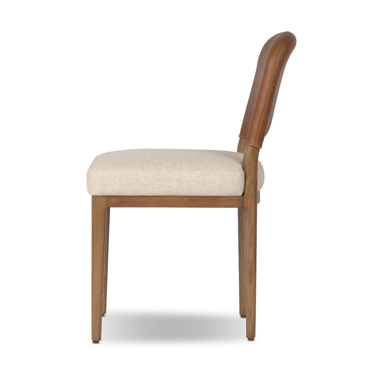 Four Hands Ryver Antwerp Natural Dining Chair Set of 2 with leather back on toasted ash, side profile view