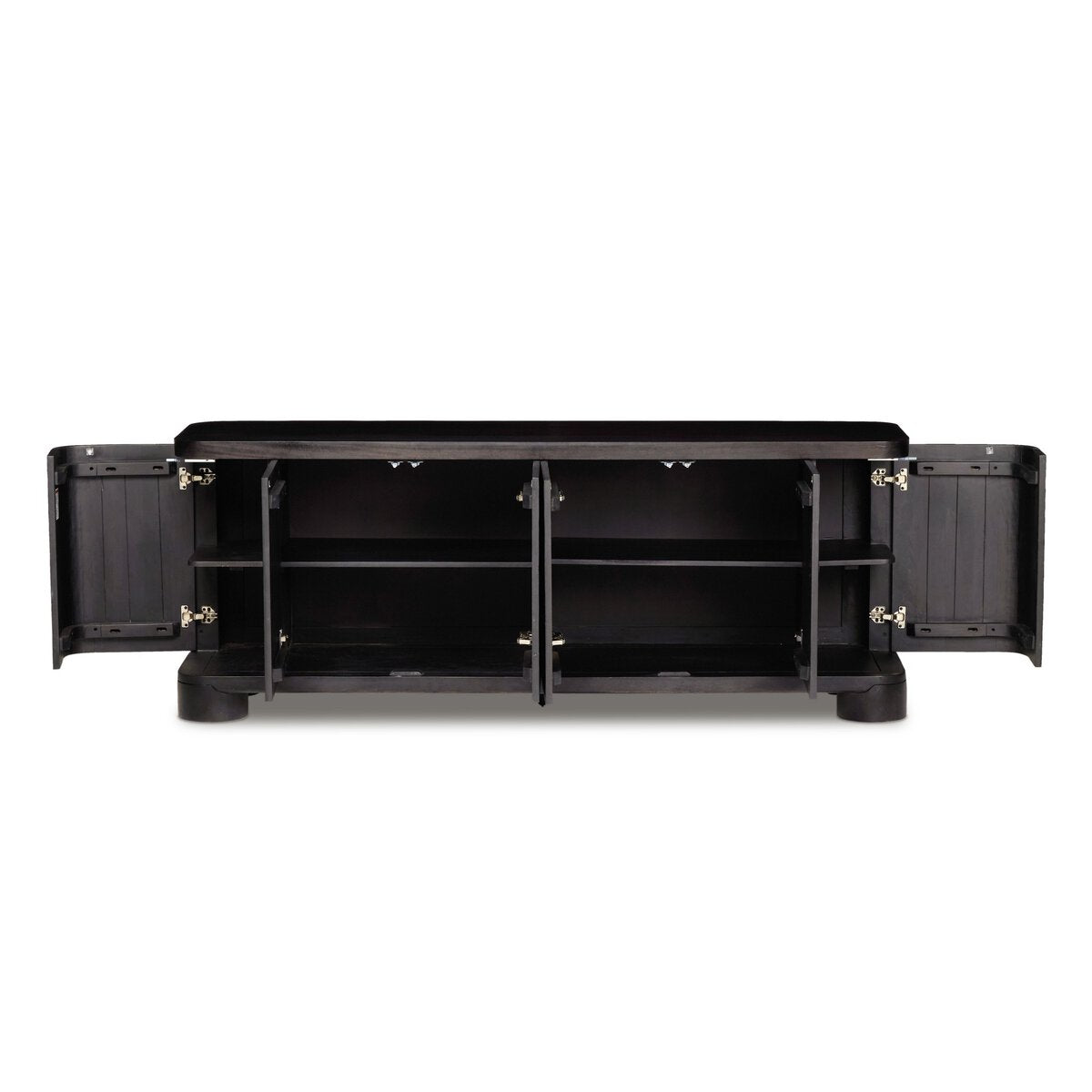 Four Hands Shevall Sideboard in carved black mango with cylinder legs, doors open interior view