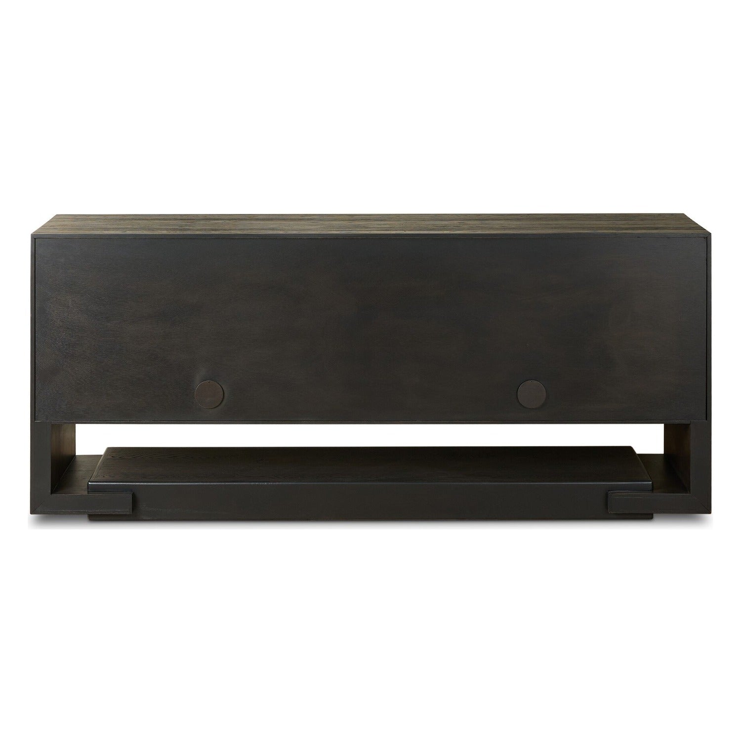 Four Hands Zaki Smoked Black Sideboard with waterfall framing on floating oak base, back view