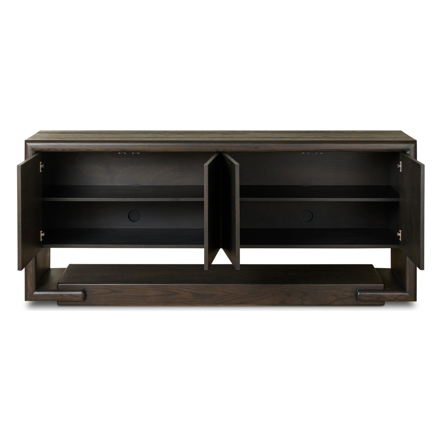 Four Hands Zaki Smoked Black Sideboard with waterfall framing on floating oak base, doors open interior view, view 1