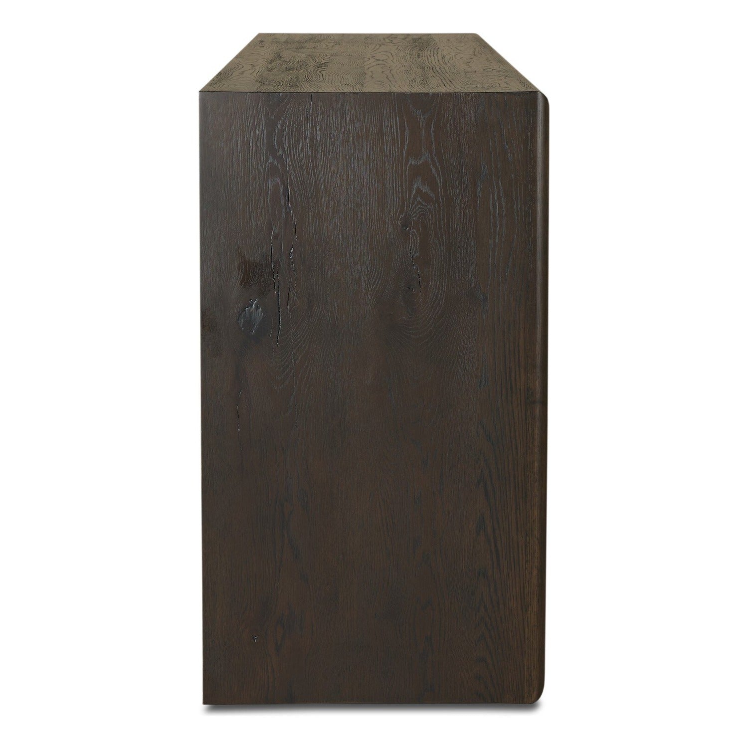 Four Hands Zaki Smoked Black Sideboard with waterfall framing on floating oak base, side profile view
