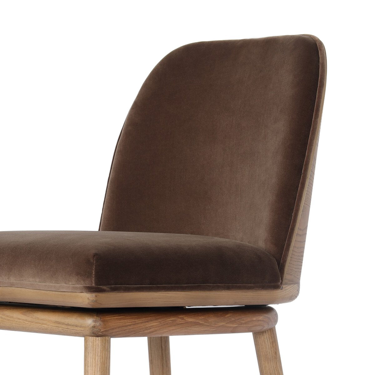 Four Hands Camden Swivel Bar Stool Set of 2 in Surrey Mink velvet on amber ash, close-up detail of velvet seat, view 2