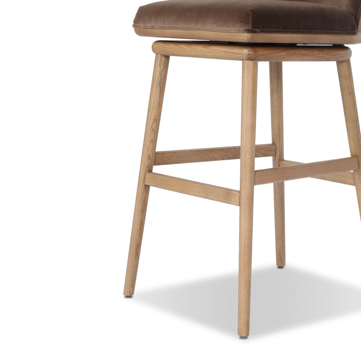 Four Hands Camden Swivel Bar Stool Set of 2 in Surrey Mink velvet on amber ash, close-up detail of velvet seat, view 3