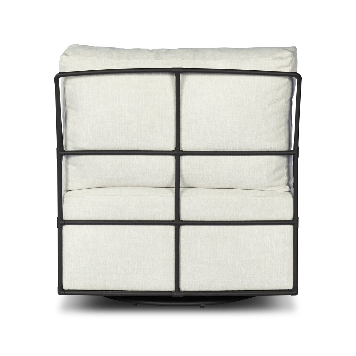 Four Hands Enola Outdoor Swivel Chair in bronze iron cross-hatch with cream cushion, back view showing cross-hatch ironwork